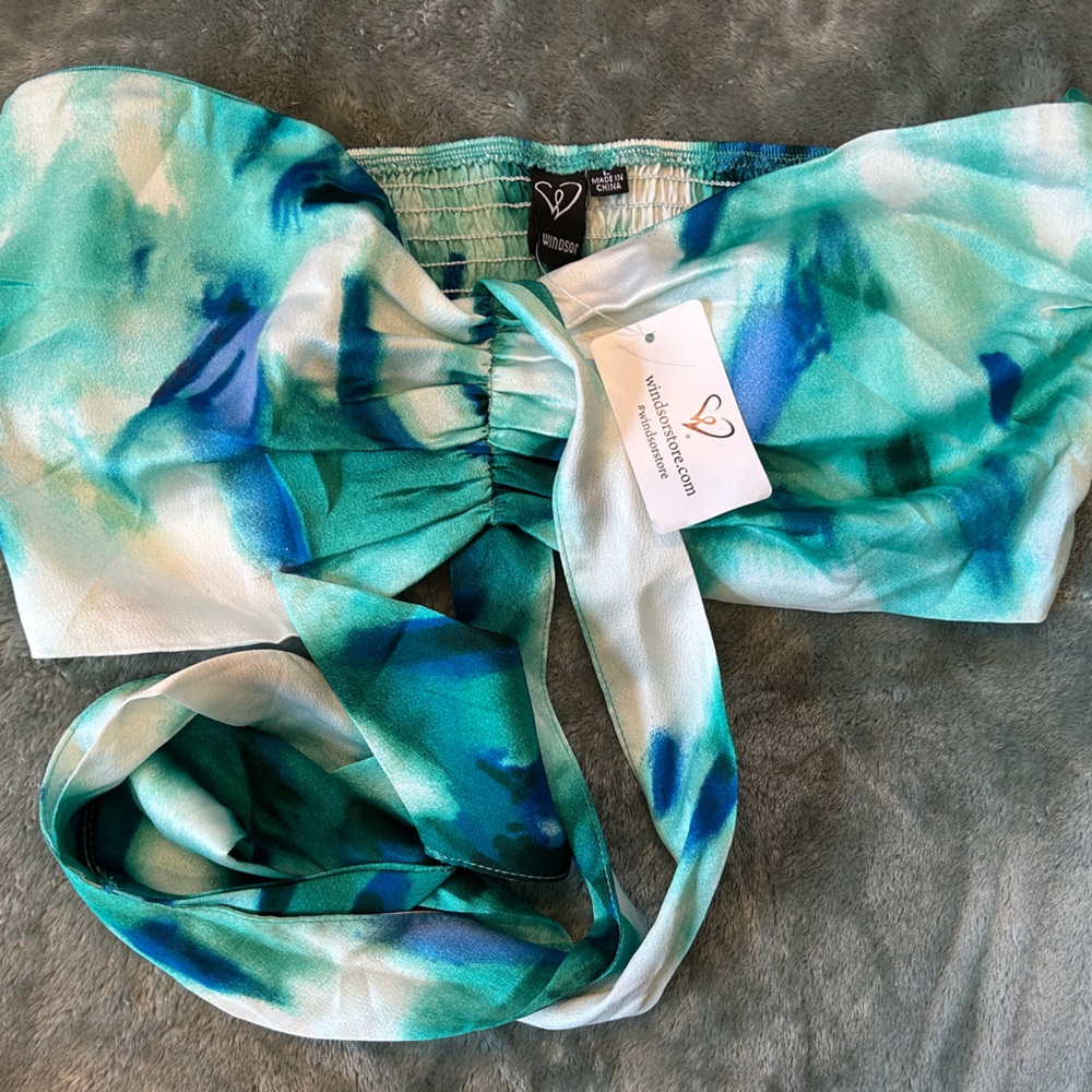 Windsor Blue Green Watercolor Strapless Tie-Front Top and Flowy Pant Set